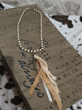 Boho Cream Beaded Tassel Necklace with Wing Charm